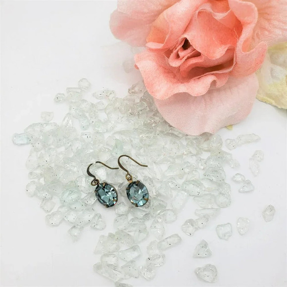 Blue Crystal Hanger Earrings w/ Bronze Casing - Picture 3 of 3